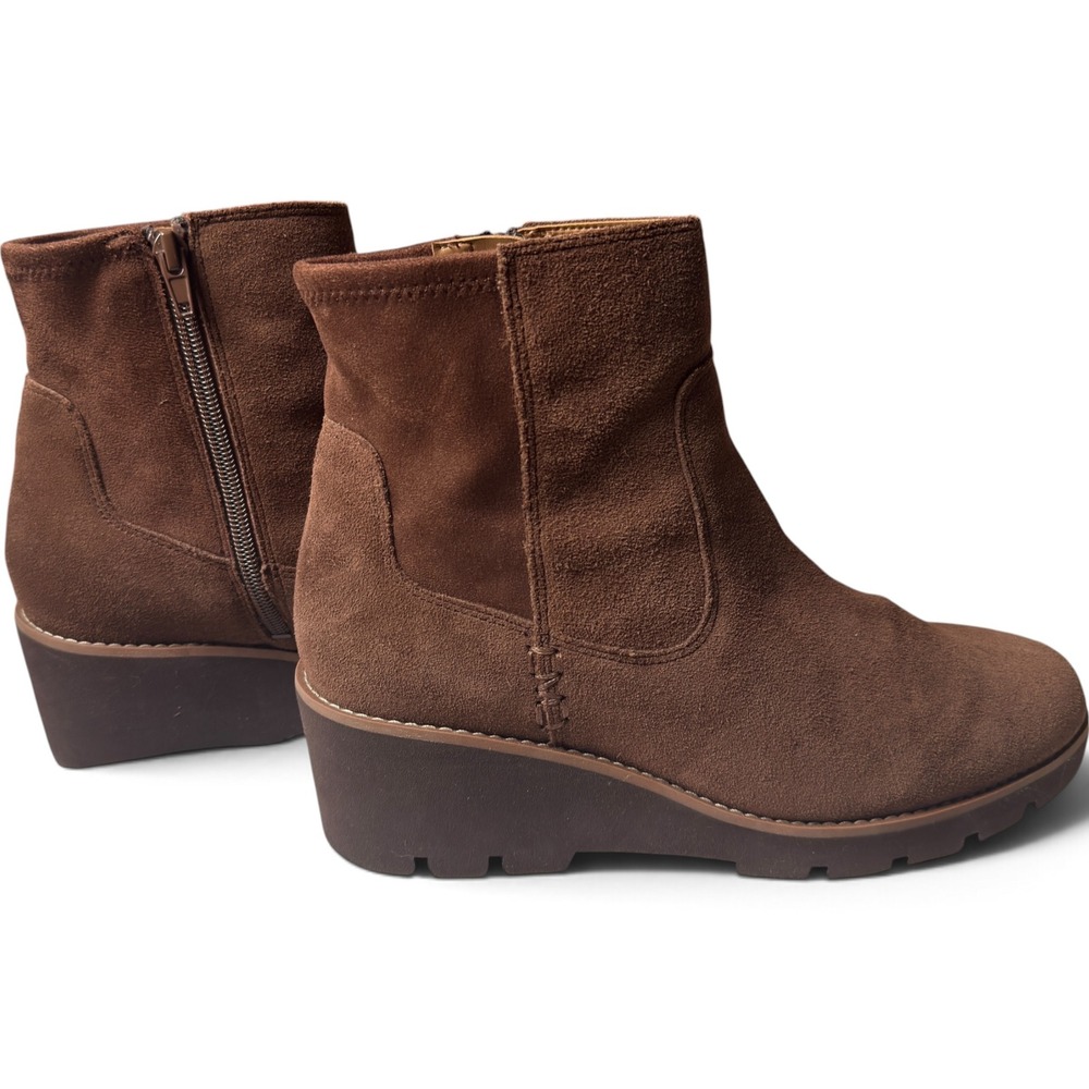 Vionic Ariana Wedge Ankle Boots Brown Suede Women 9.5 Wide Side Zip Lug Sole